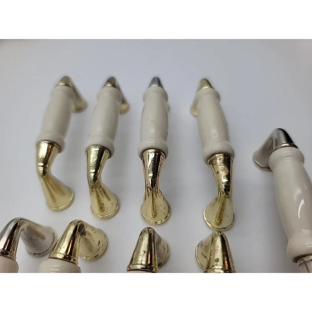 VTG‎ 9pc Brass Beige Ceramic Cabinet Handles Drawer Pulls 3